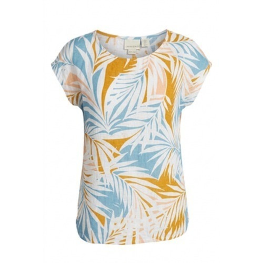 Cynthia Rowley Top Women S Tropical Palm Print 100% Linen Crew Neck Beachy